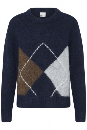 ICHI Bayana LS – Strikkegenser med rutemønster i navy, brun og off-white