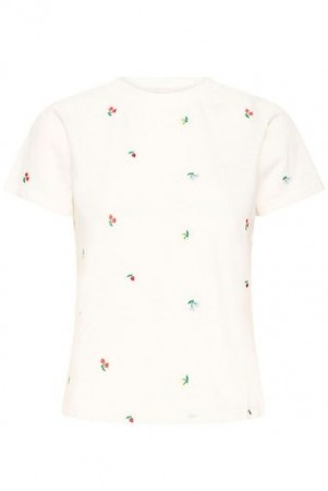 ICHI Olya T-skjorte – Cream med broderte blomster