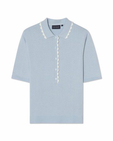 LEXINGTON Strikket poloskjorte med bølgekant – Lys blå