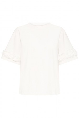 ICHI Rosanny SS – T-skjorte med Blomsterdetaljer, hvit