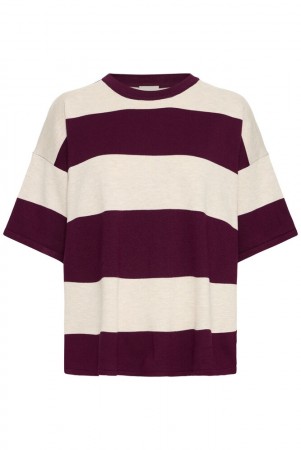 ICHI Luls Loose T-skjorte – Burgunder striper