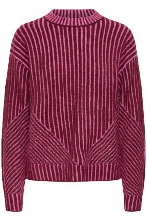 ICHI Kamara LS – Stripet Strikkegenser, Rosa og burgunder